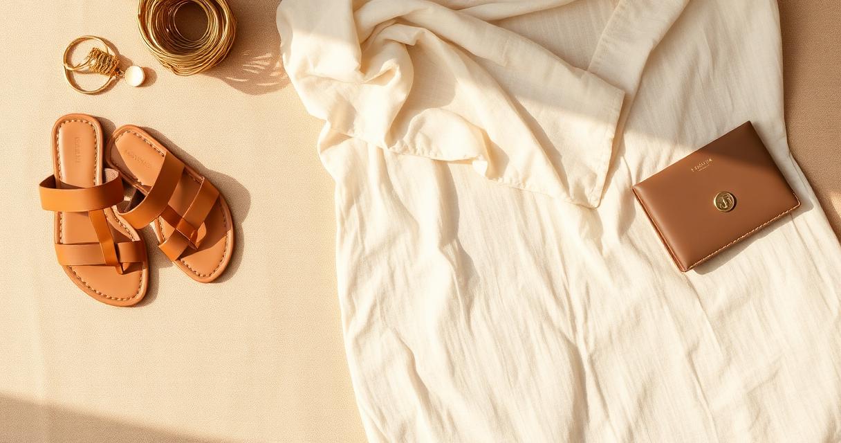 Tan handcrafted leather sandals styled with a folded linen kurta, gold bangles and a small clutch on a warm beige linen surface