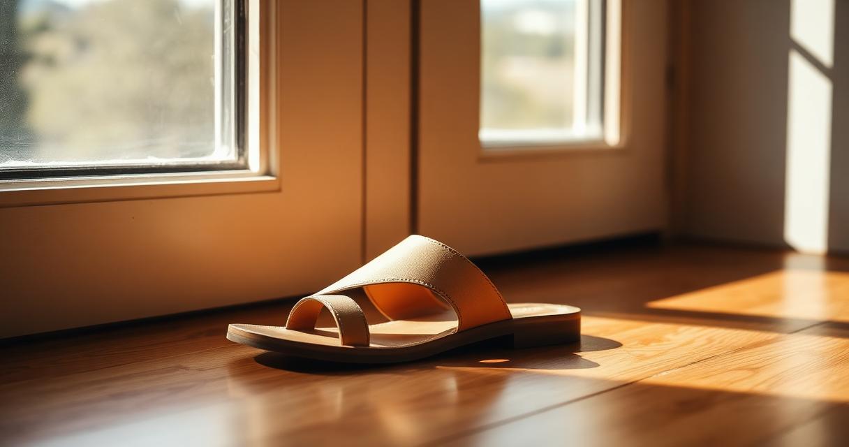 A single beige handcrafted leather sandal on a warm wooden floor with soft morning light streaming through a window