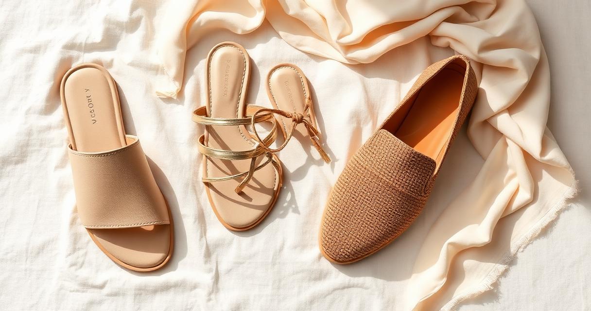 Capsule footwear collection: neutral beige slides, gold metallic sandals and a woven loafer arranged on off-white linen