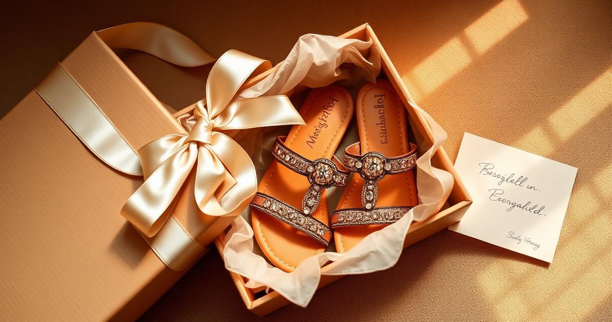 A beautifully wrapped gift box with cream ribbon partially open to reveal handcrafted rose gold sandals nestled in tissue paper, with a small handwritten card alongside