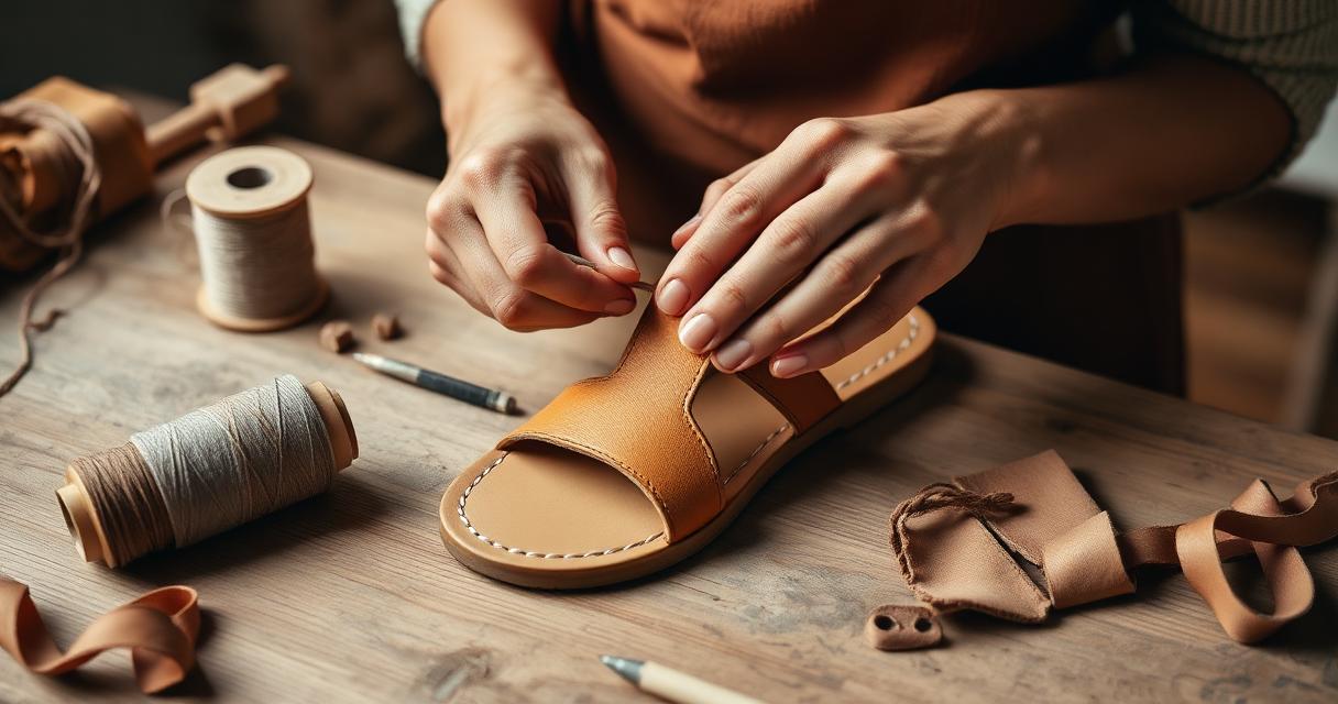 Artisan stitching the strap of a handcrafted tan leather sandal at a wooden workbench with thread and leather offcuts