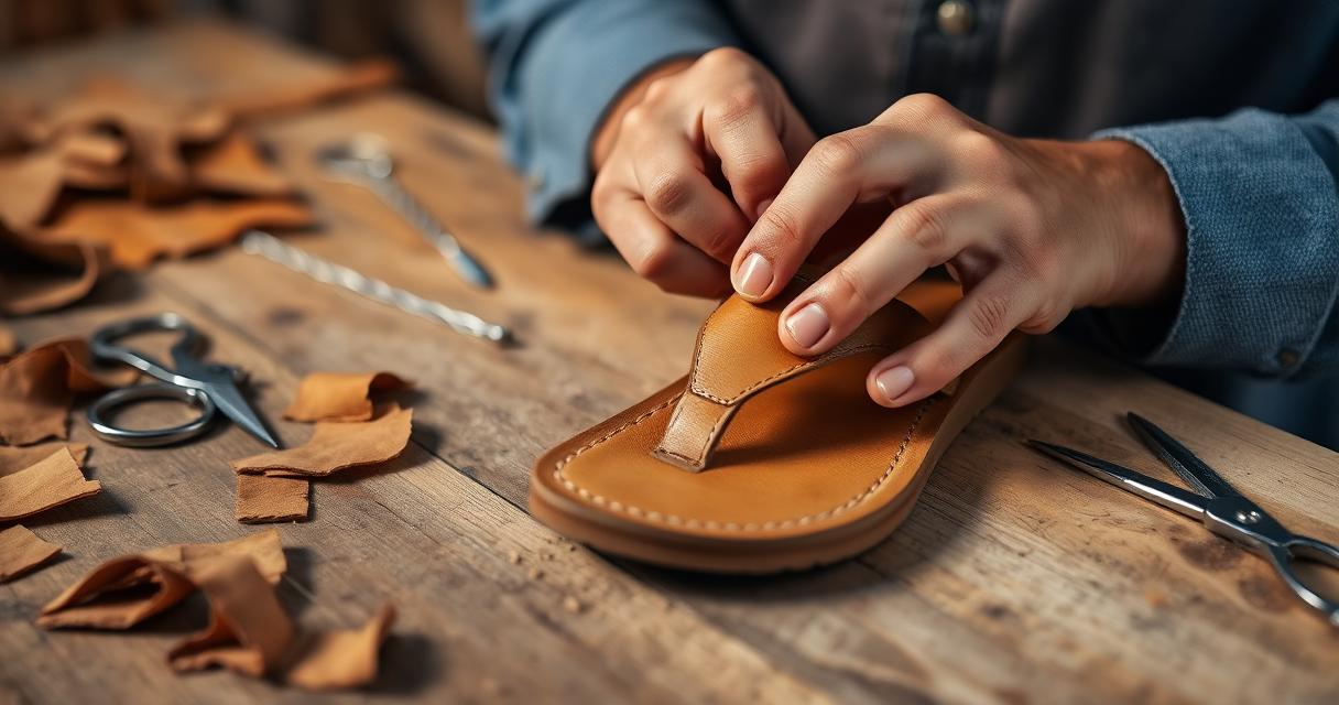 Close-up of an artisan's hands hand-stitching a tan leather sandal at a wooden workbench with leather offcuts and small tools