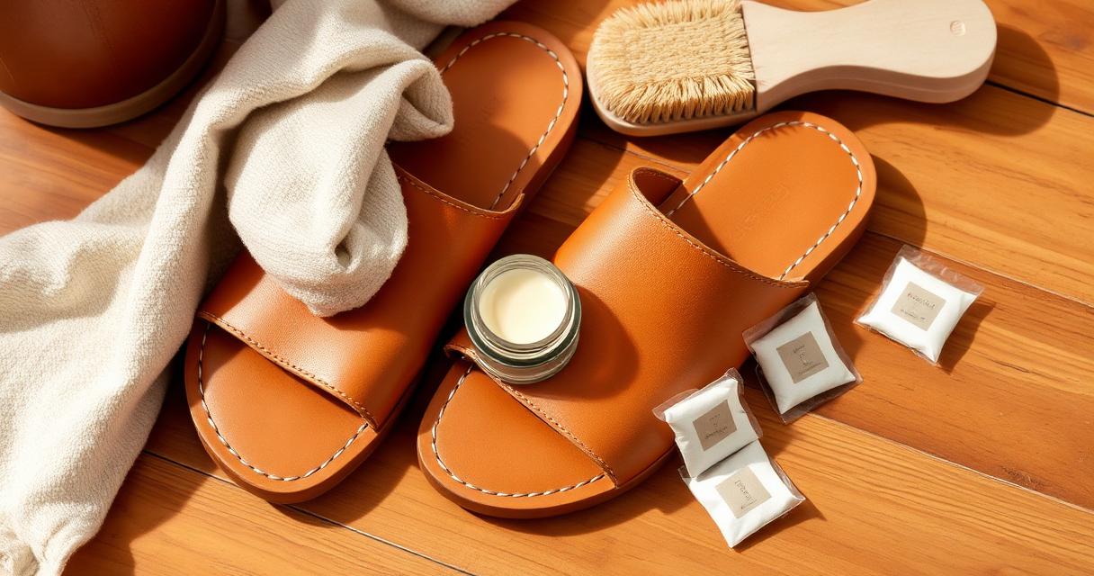 Tan leather sandals on a wooden floor with a soft cotton cloth, leather conditioner, brush and silica gel sachets