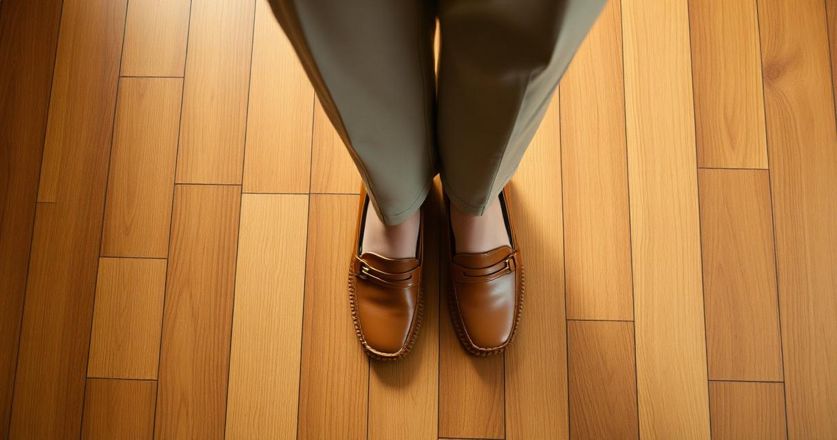 A pair of clean tan leather women's loafers styled with cropped wide-leg trousers, photographed from above on a warm wooden floor