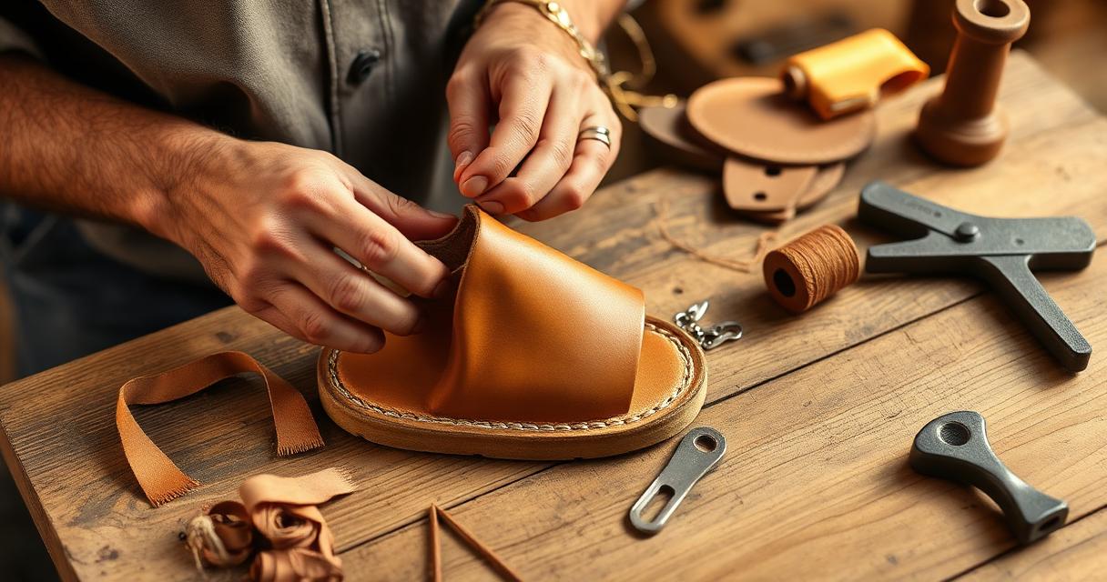 An artisan's hands carefully stitching a tan leather sandal at a wooden workbench with leather offcuts and traditional tools in warm natural light