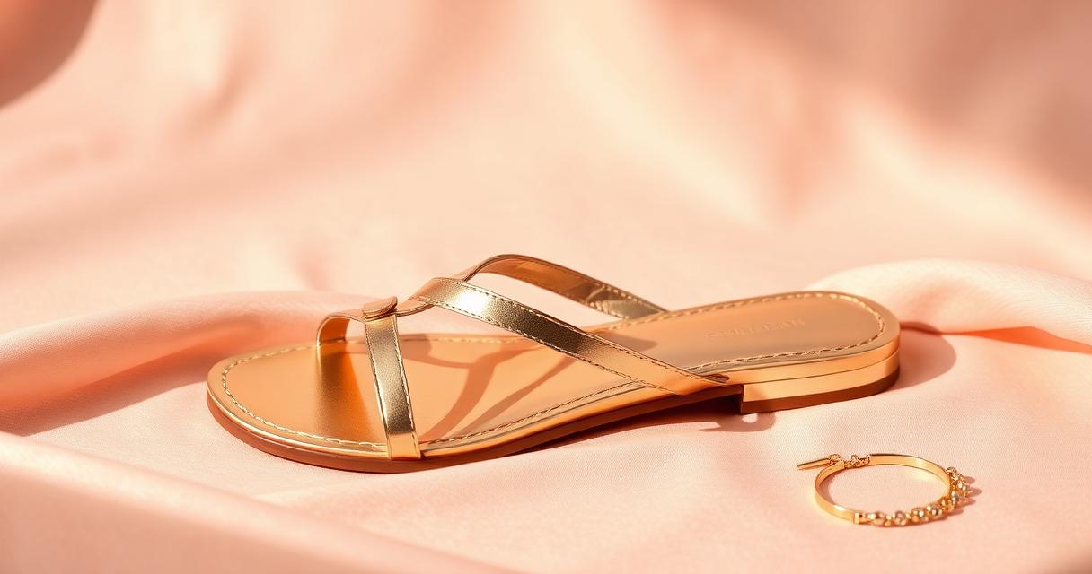 Elegant gold metallic flat sandal photographed on a soft blush pink backdrop in warm studio light