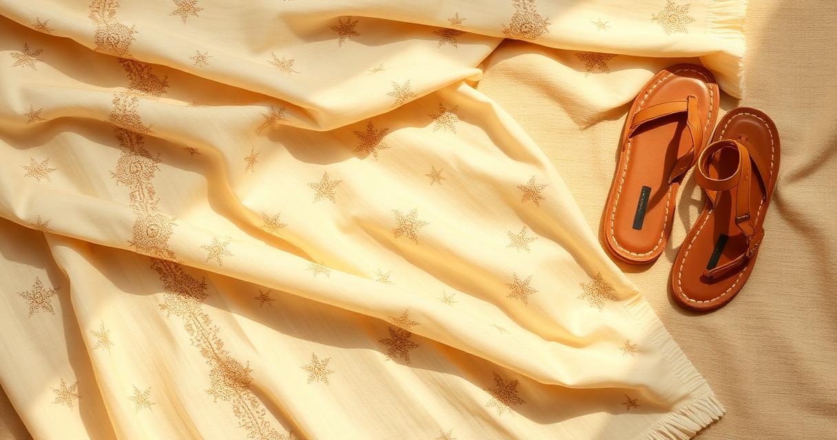 Soft cream Pakistani shalwar kameez fabric with delicate gold embroidery beside handcrafted tan leather sandals on warm linen