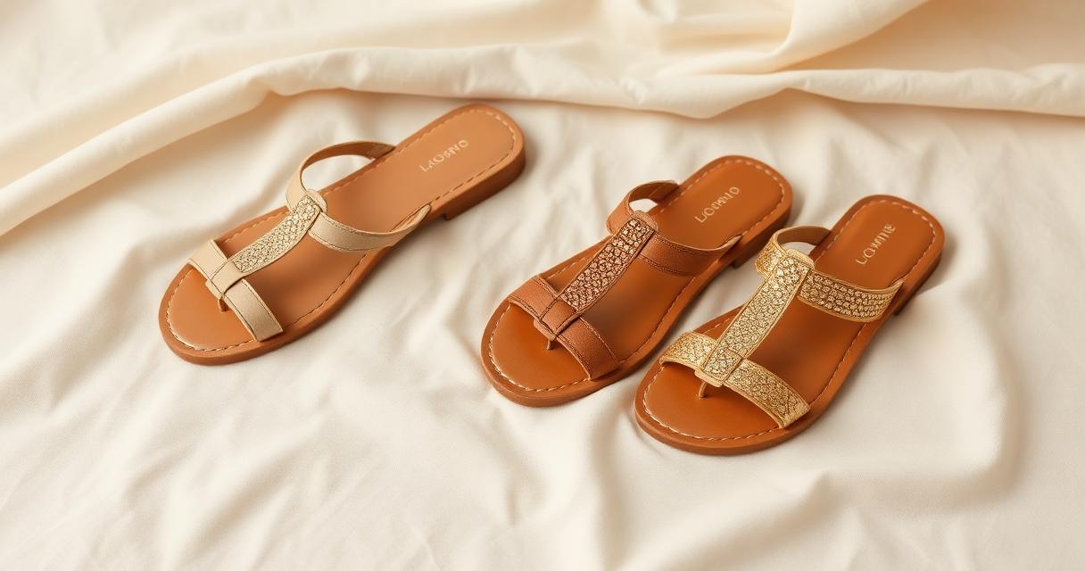 A curated collection of three handcrafted sandals in warm neutral tones — beige, tan, and gold — arranged on cream linen