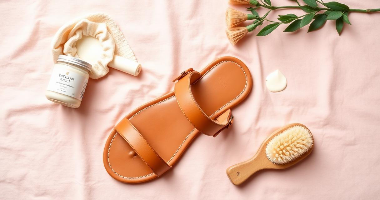 Tan leather sandals being cleaned with a soft cloth, neutral shoe conditioner, mild soap and a suede brush