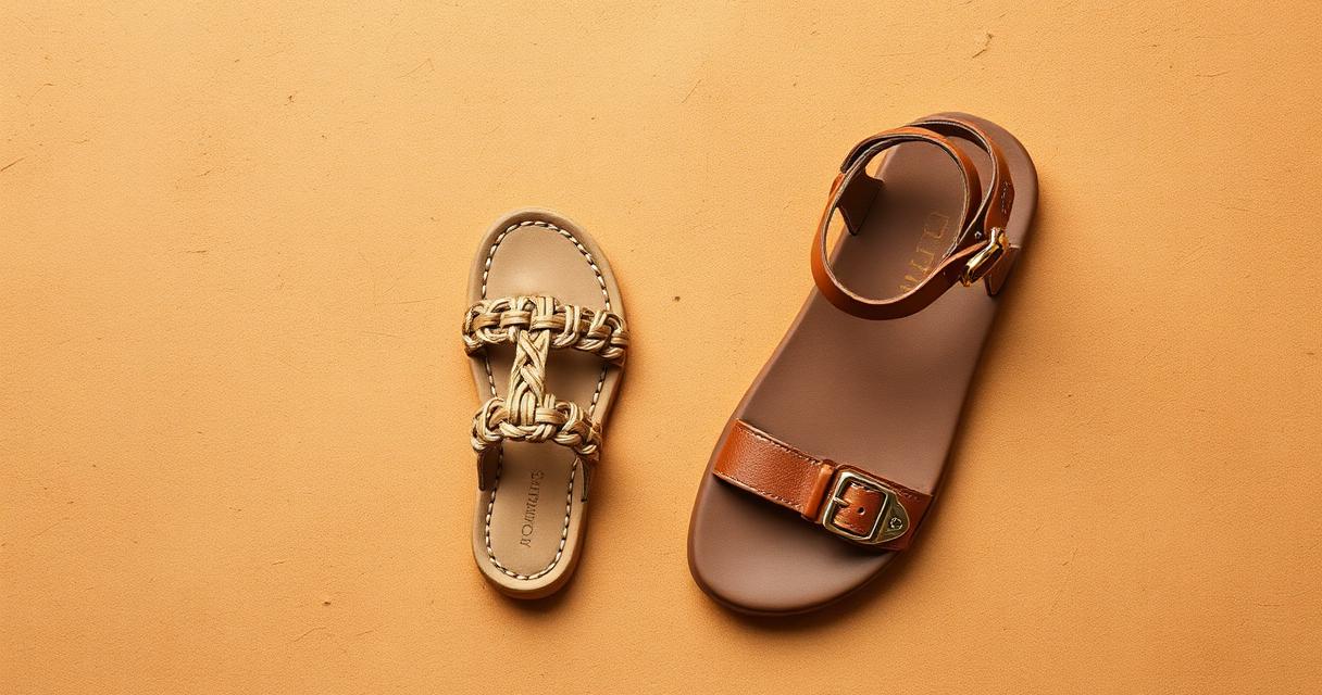A simple woven ancient-style sandal next to a modern handcrafted leather sandal on a warm sandstone surface, museum-quality editorial photography