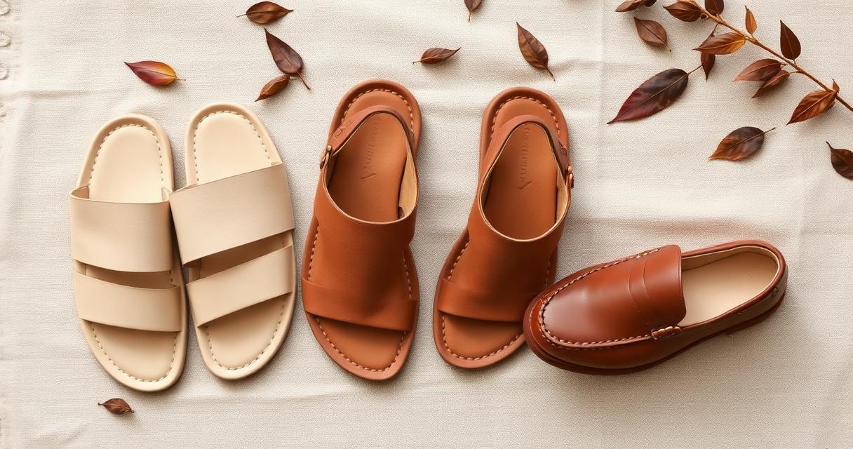 Three handcrafted sandals laid out for different seasons — light summer slides, warm tan autumn sandals, and a closed loafer on neutral linen with dried leaves