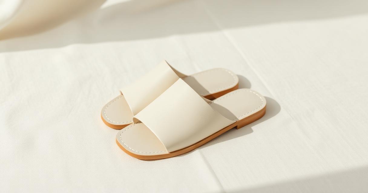 A pair of minimal off-white leather slide sandals photographed on clean cream linen with soft shadows