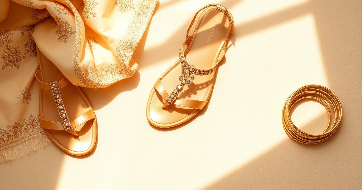 Elegant gold metallic flat occasion sandals beside a folded embroidered dupatta and gold bangles on a soft cream surface