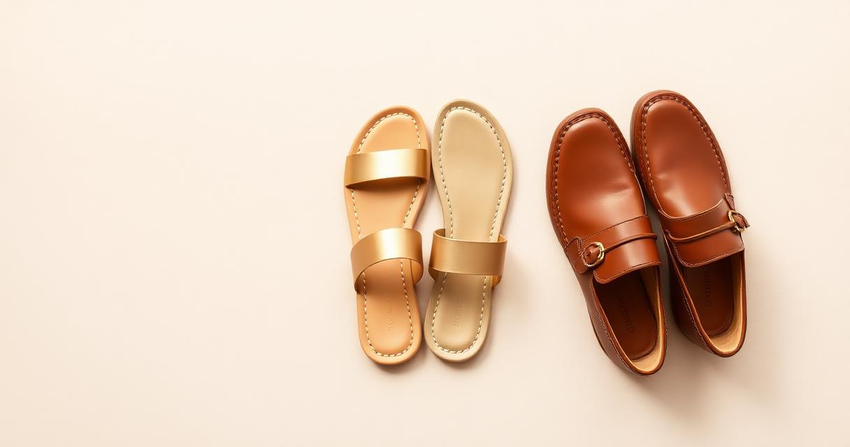 Three pairs of handcrafted sandals — tan flats, gold metallic flats and cognac loafers — arranged on a soft beige backdrop