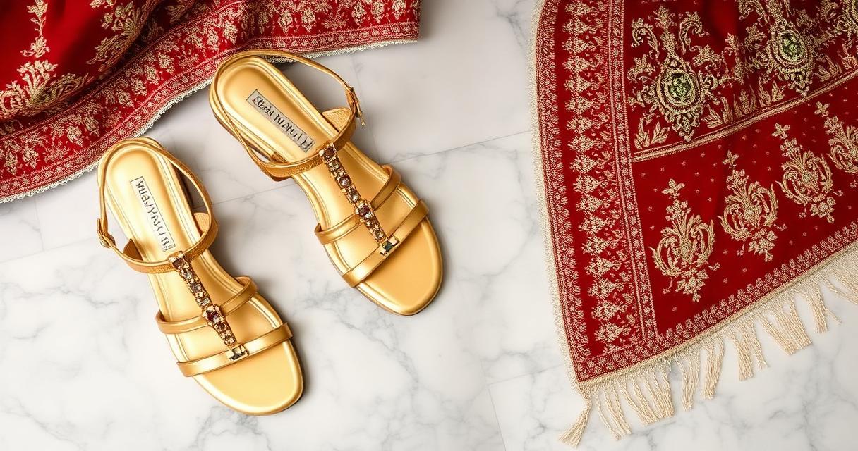 Elegant gold metallic strappy sandals next to a richly embroidered red and gold dupatta on a marble surface with soft jewelry
